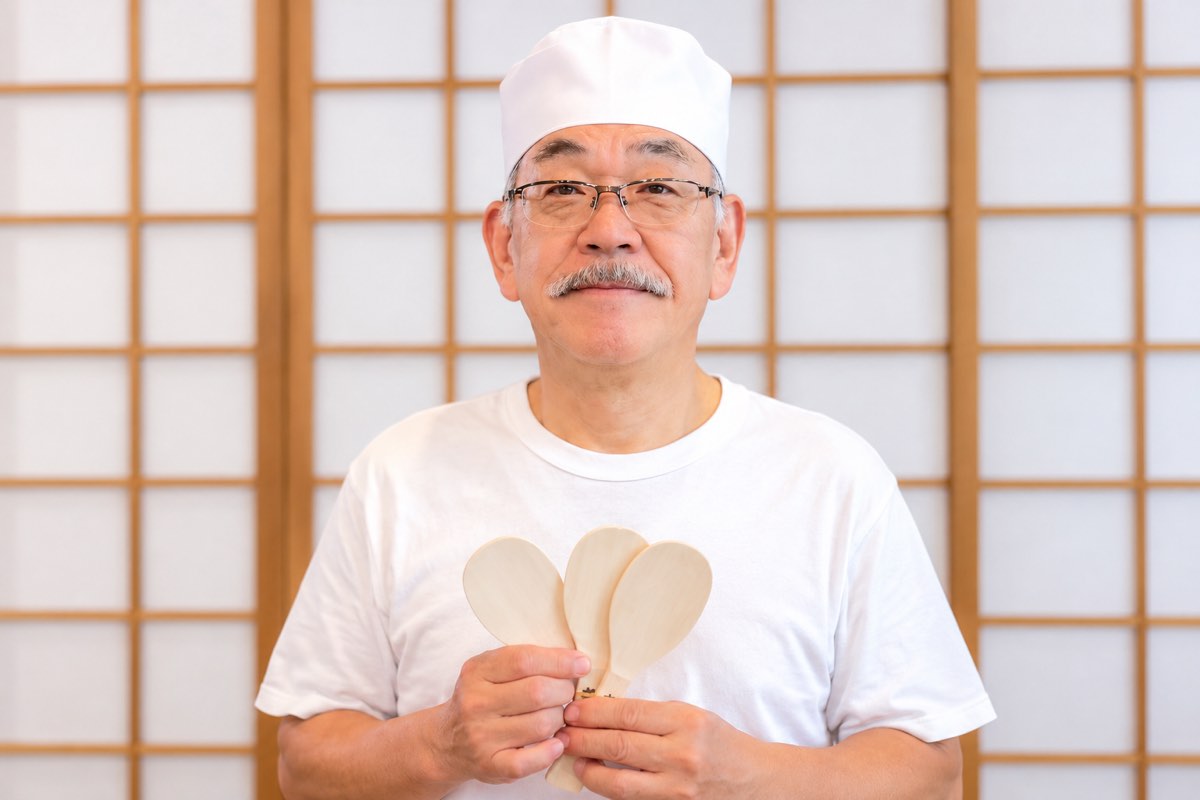 白い調理帽をかぶった庵主